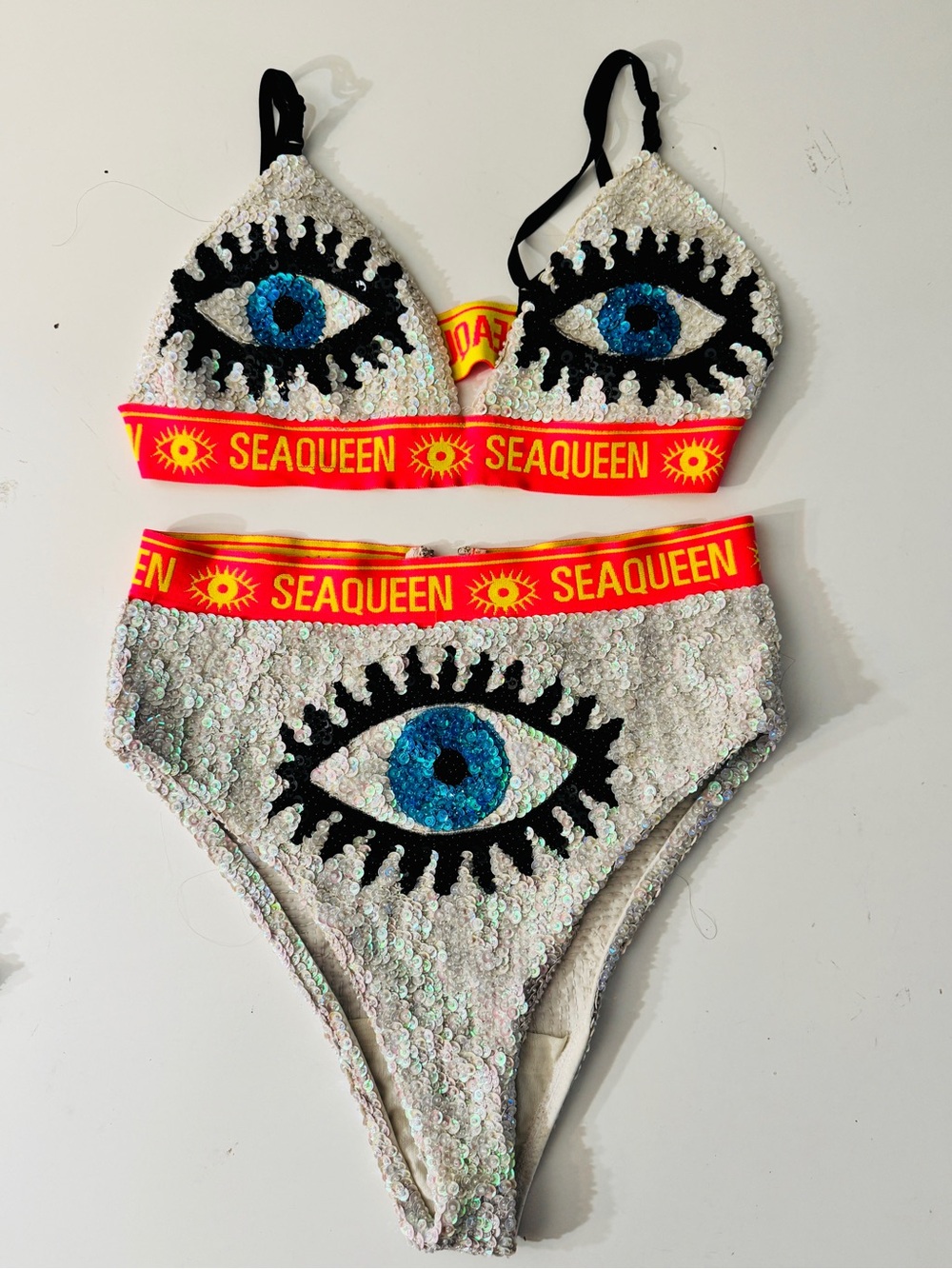 SeaQueen White Sequin Eye-Embellished Bikini Set - Blue Accent